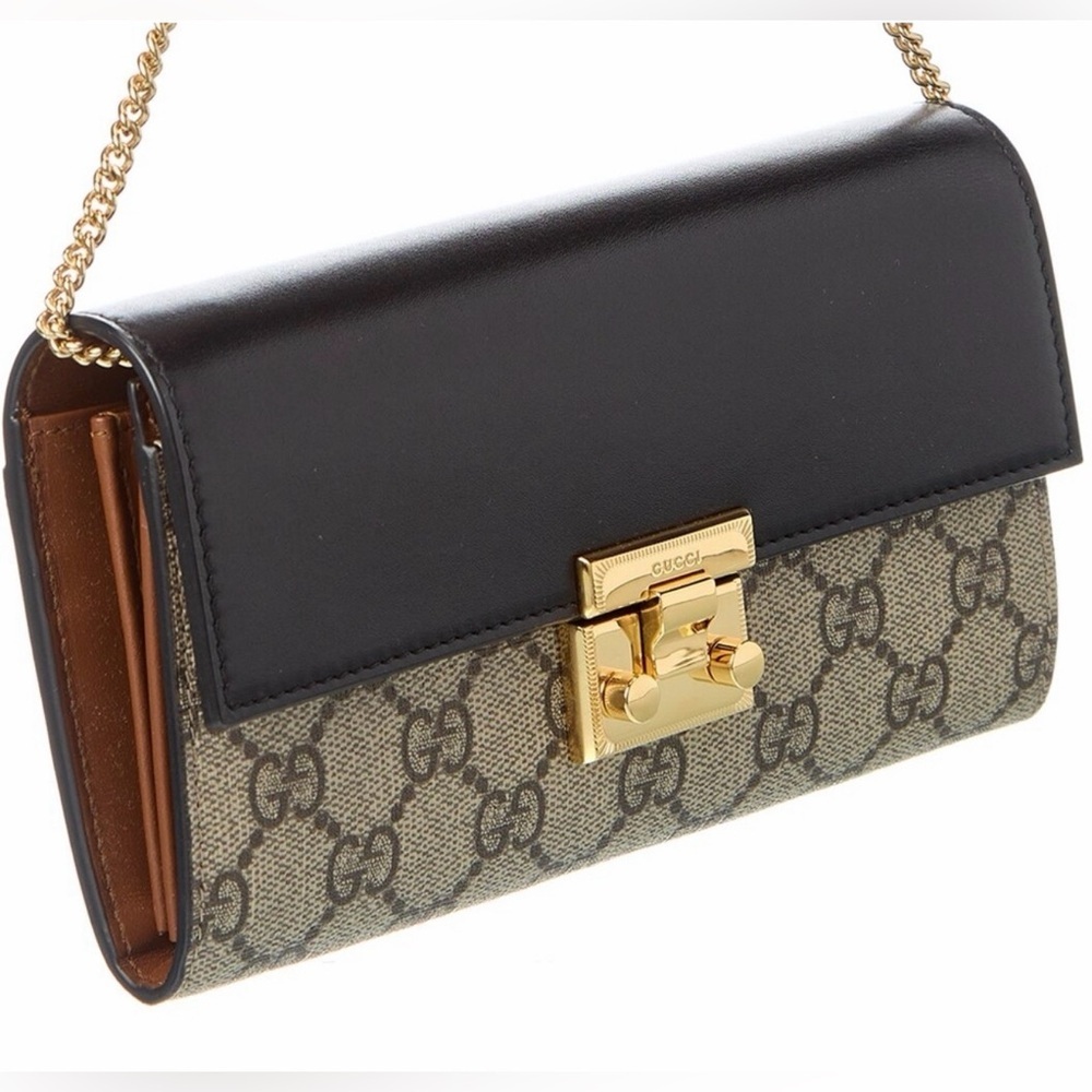 Gucci Black Leather & Brown Monogram Chain Wallet with Gold Hardware